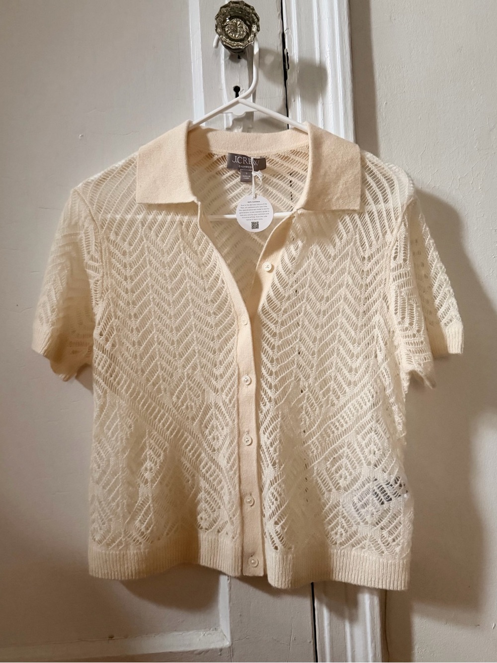 J. Crew Cream Pointelle Short-Sleeve Polo Cardigan Size S
